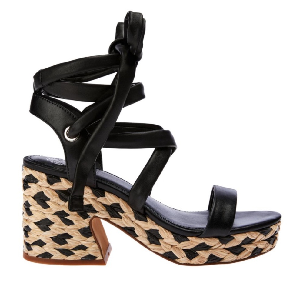 Vince Camuto Roreka lace up ankle wrap black wedge woven raffia sandals size 7.5